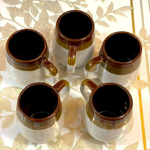 VINTAGE Set Of 5  Old Clay Pottery Mugs/ Cups Glazed Beige Brown Handmade Taiwan - Picture 1 of 7